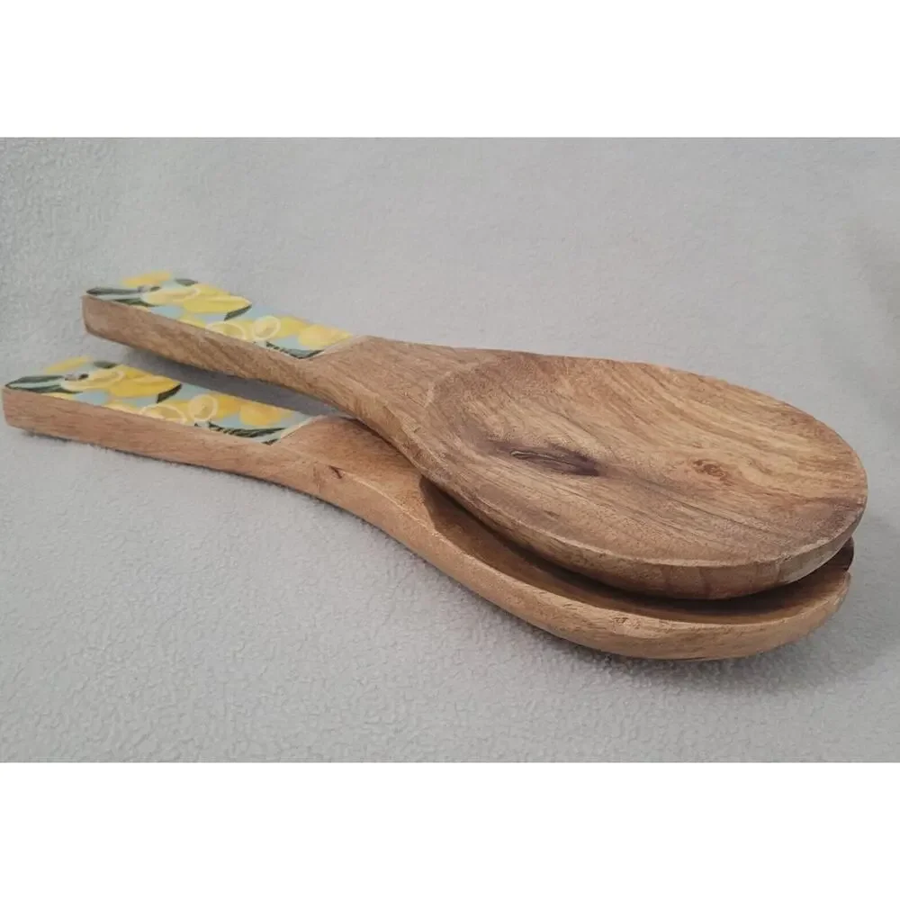 Set 2 Lemon Print Wood Fork Spoon Salad SERVING Utensils Teal Blue Yellow